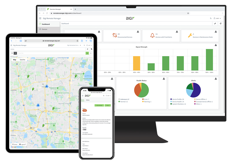 Digi Remote Manger dashboard on PC, tablet and phone